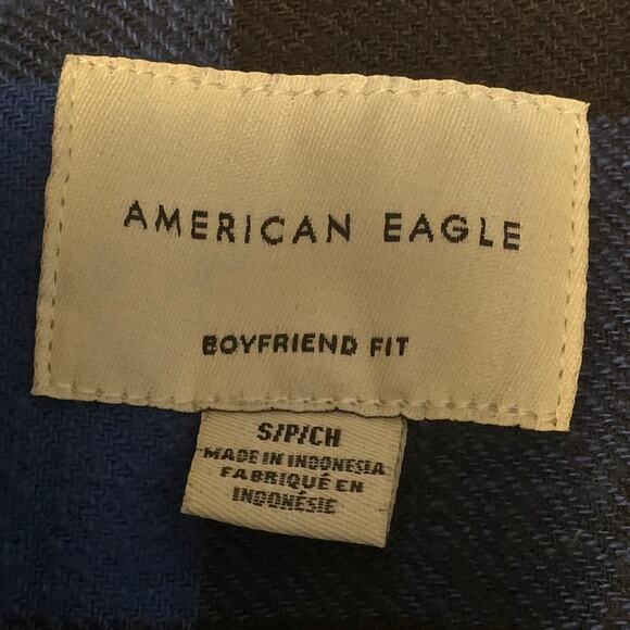 American Eagle Womens Small Flannel Plaid Blue Black Boyfriend Fit Button Shirt - Picture 5 of 10